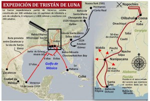 Sobre esta imagen de la expedición de Tristán de Luna nos hacemos idea de la importancia de su exploración para conocer parte del recorrido que debía cubrir el itinerario desde Zacatecas a Santa Elena.