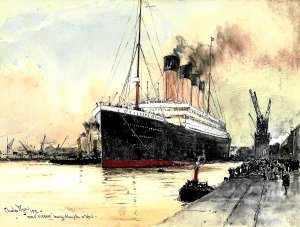 Pintura de Charles Edward Dixon con el 'Titanic' zarpando del puerto de Southampton.