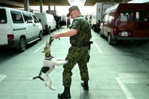 Un policía polaco juega con un perro en la frontera con Ucrania.