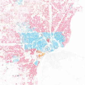En azul las zonas de los negros en el centro de Detoit y en rojo las zonas residenciales donde están concentrados los blancos.