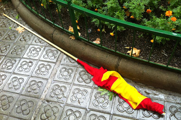 La bandera depositada por el PEC a los pies de la estatua de Casanova fue arrancada y tirada al suelo por un representante de las Enridades Deportivas de Cataluña.