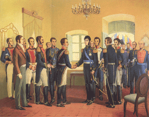 La reunión de San Martín (derecha) y Simón Bolívar (izquierda) en Guayaquil, Ecuador, el 26 de julio de 1822, donde se decidió la campaña de liberación de Sudamérica del control español.