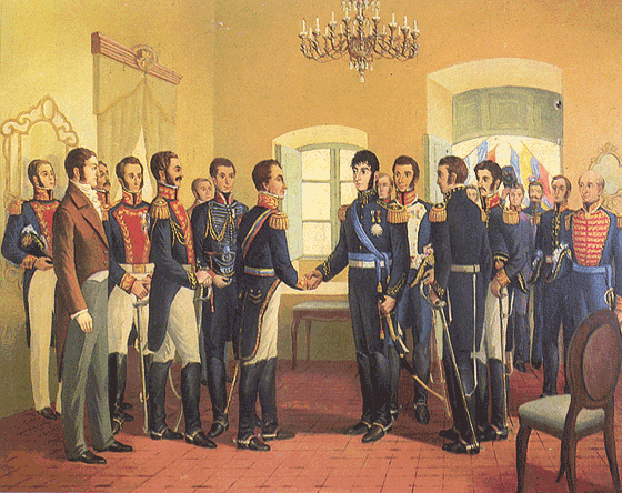 La reunión de San Martín (derecha) y Simón Bolívar (izquierda) en Guayaquil, Ecuador, el 26 de julio de 1822, donde se decidió la campaña de liberación de Sudamérica del control español.