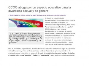  Imagen del manifiesto de Comisiones Obreras llamando a introducir la diversidad sexual en las aulas.