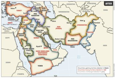 El «Medio Oriente ampliado» (Greater Middle East), según el estado mayor de las fuerzas armadas de Estados Unidos. Mapa publicado en 2006 por el coronel estadounidense Ralph Peters.