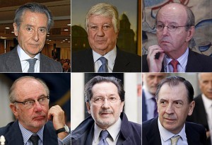 De izda. a dcha. y de arriba a abajo, Miguel Blesa, Arturo Fernández, Rafael Spottorno, Rodrigo Rato, José Antonio Moral Santín y Ildefonso Sánchez Barcoj.