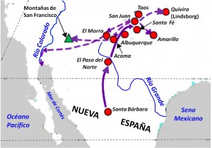 Mapa con la situación de Acoma y dibujada con la línea de trazos la ruta que ya en 1605 seguiría Oñate para alcanzar el Golfo de California, con la esperanza de abrir una nueva ruta por mar que le comunicará con Nueva España, aunque los territorios que tenía que atravesar eran muy peligrosos y no disponía de hombres para establecer una ruta segura hasta allí