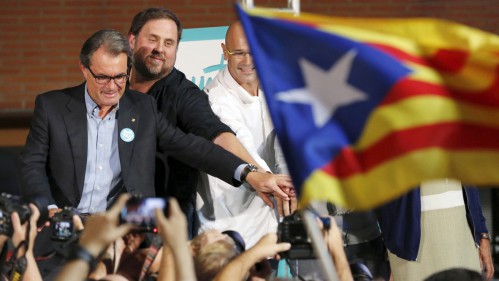 Artur Mas, Oriol Junqueras y Raul Romeva durante un acto en la Diada.