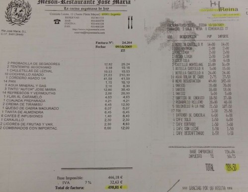 Facturas de las comidas cargadas por Felipe Espinosa al erario público.