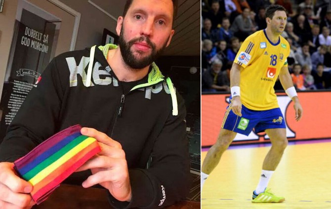 Tobias Karlsson, con el brazalete en cuestión y en juego con la selección sueca