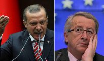 El presidente turco Recep Tayyip Erdogan (izquierda) se ha ufanado de chantajear a los líderes europeos, empezando por el presidente de la Comisión Europea, Jean-Claude Juncker (derecha).
