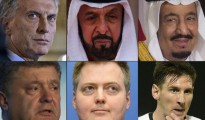 Mauricio Macri, Sheikh Khalifa bin Zayed al-Nahayan y el rey Salman bin Abdulaziz (primera fila). Petro Poroshenko, Sigmundur David Gunnlaugss y Lionel Messi (segunda fila). Todos están vinculados a los Panama Papers.