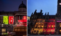En la noche posterior a los ataques terroristas de Bruselas, edificios públicos británicos como la National Gallery de Londres (izquierda) y el ayuntamiento de Manchester (derecha) lucieron los colores de la bandera belga.