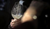 Una bodega de Navarra sirve una copa de vino blanco durante la apertura en Pamplona de la quinta edición de Vinofest.