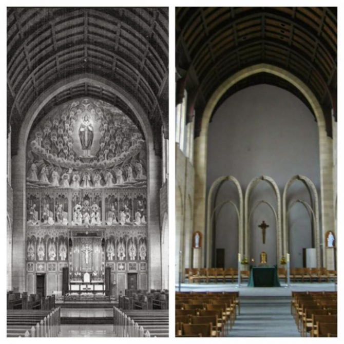 La capilla de San Turibius del seminario en el Pontifical Josephinum en Ohio, antes de que el Arzobispo Cupich tome posesión como Presidente-Rector… y después. Ya no está el Cristo Rey.