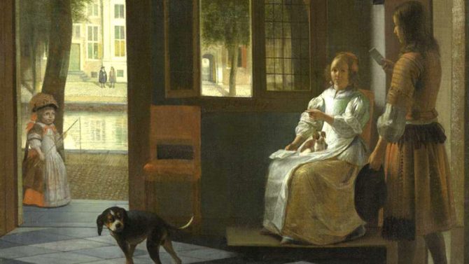 "Un hombre entregando una carta a una mujer en un recibidor" pintado por el artista neerlandés Pieter de Hoochen en 1670.