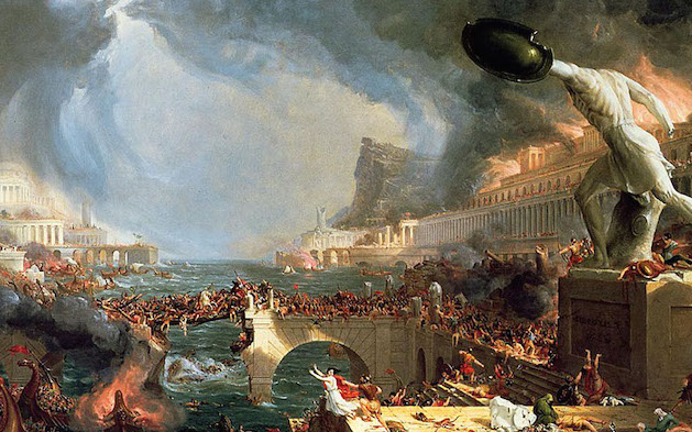 'Destrucción', de Thomas Cole, pintado entre 1833 y 1836. Resume la visión tradicional y apocalíptica sobre el fin del Imperio de Occidente.
