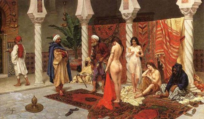 Esclavas circasianas pasando la inspección antes de ser vendidas como esclava sexual en un harén. Obra de Giulio Rosati.