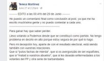 Imagen del mensaje escrito en Facebook por Teresa Díaz - Facebook