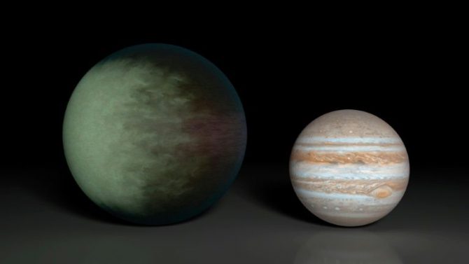Ilustración de la NASA de dos planetas: Júpiter (derecha) y el exoplaneta Kepler-7b (izquierda).
