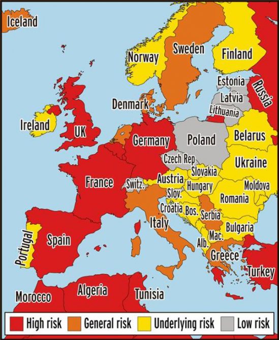 Mapa publicado por el diario The Mirror sobre la amenaza de ISIS en Europa