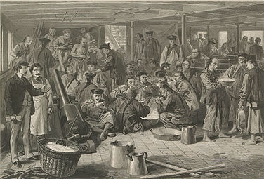 Bosquejo de inmigrantes chinos a bordo del buque de vapor Alaska, con destino a San Francisco. 