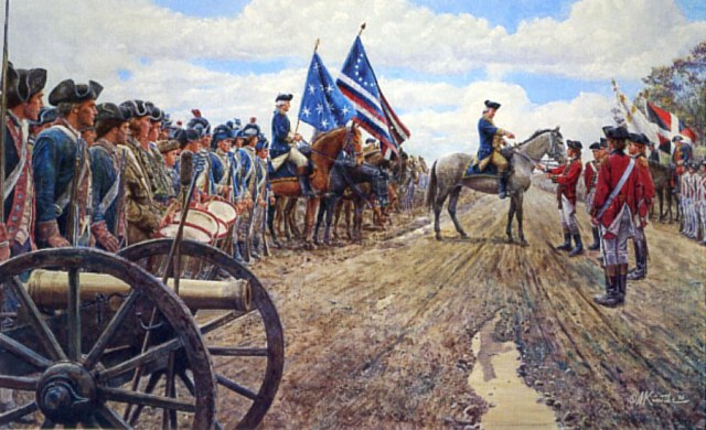 Soldados americanos (chaquetas azules) se alinearon frente a las tropas británicas