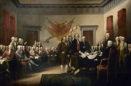 El cuadro de John Trumbull, La Declaración de Independencia, recoge el momento de la presentación del trabajo del Comité de los Cinco al Congreso.