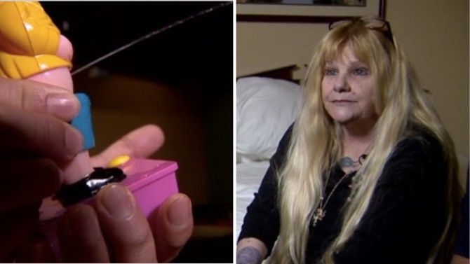 A la izquierda, detalle del juguete, y a la derecha, la señora afectada. Foto: Inside Edition.