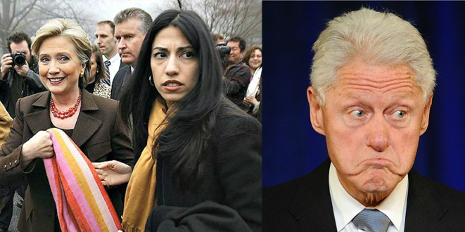 Hillary Clinton y Huma Abedin; a la derecha, Bill Clinton.