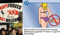 La violencia sexual en Alemania ha alcanzado proporciones epidémicas desde que la canciller, Angela Merkel, permitiera el ingreso en el país de más de un millón de migrantes, la mayoría hombres, procedentes de África, Asia y Oriente Medio. El Gobierno viene experimentando un gran rechazo a su política de puertas abiertas a la inmigración, que incluye manifestaciones de protesta (izquierda). En algunas zonas, las autoridades han distribuido guías ilustradas para 'educar' a los migrantes en que el asalto sexual no es aceptable (derecha).