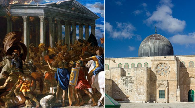 No hace falta ser historiador para saber que Jerusalén fue originalmente una ciudad judía que después tuvo conexiones con el cristianismo y, aún más tarde, y más débiles, con el islam. El Segundo Templo, terminado por el rey Herodes en el año 19 aec, fue destruido por los romanos en el 70 ec (como se refleja en el lienzo de Nicolas Poussin de 1626 –a la izquierda–). La actual mezquita de Al Aqsa (derecha) fue erigida en el año 705, 73 después de la muerte de Mahoma (632), y posteriormente reconstruida en varias ocasiones, tras ser dañada por terremotos. (Imágenes: Wikimedia Commons)