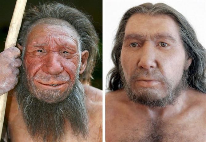 La fotografía muestra dos reconstrucciones de Hombres de Neanderthal del museo Neanderthal de Mettmann, en Bonn, Alemania. 