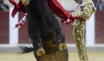 El diestro José Tomás torea con la muleta a su segundo toro durante la tercera corrida de la Feria de la Virgen de San Lorenzo de Valladolid en donde ha compartido cartel con José Mari Manzanares y el rejoneador Leonardo Hernández.