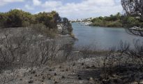En la imagen estado del terreno tras el incendio en el municipio de Es Mercadal en la costa norte de Menorca.