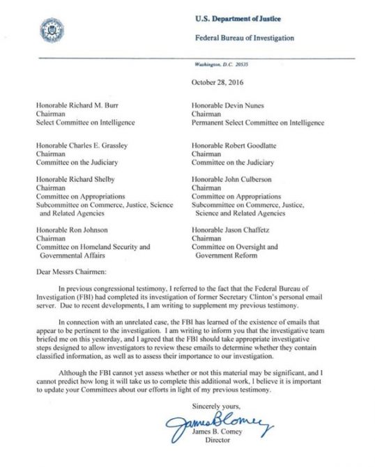 James B. Comey envió la carta a miembros del Senado norteamericano