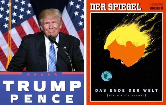 En Alemania, Der Spiegel, una de las publicaciones con más circulación en Europa, publicó una portada tras la victoria de Donald Trump en las presidenciales norteamericanas con una imagen de un meteoro gigante con la forma de la cabeza de Trump dirigiéndose a la Tierra. El titular decía: "El fin del mundo (como lo conocemos)".