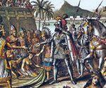Grabado de Hernán Cortés entrando en Tenochtitlán.