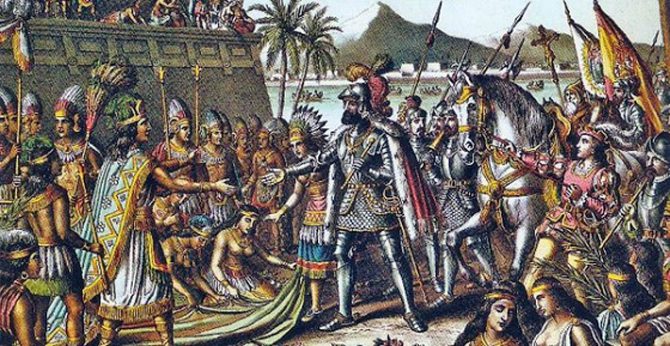 Grabado de Hernán Cortés entrando en Tenochtitlán.
