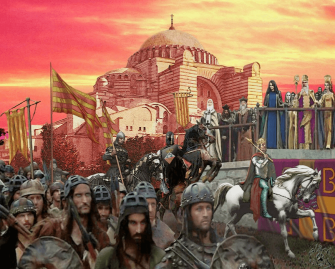 Almogávares de la Gran Compañía Catalana desfilando en Constantinopla delante de Andrónico II