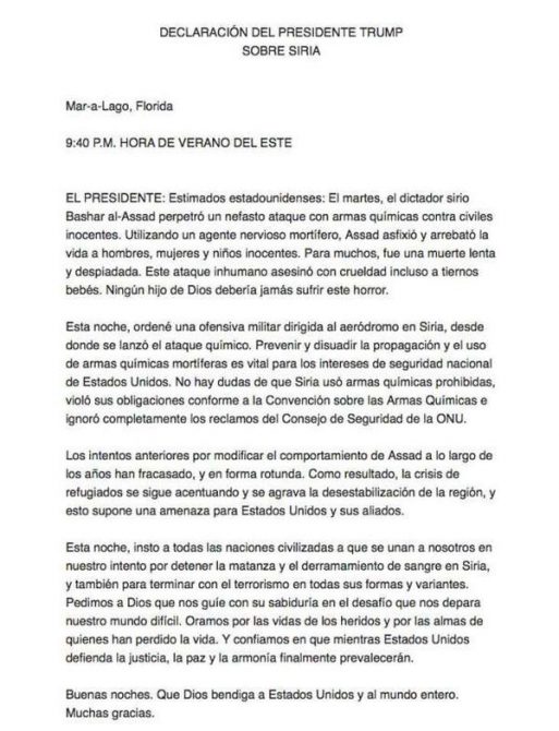 Comunicado de la Casa Blanca.