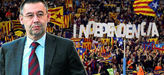 Josep Maria Bartomeu, presidente del FC Barcelona. Al fondo las gradas del Nou Camp repletas de símbolos separatistas.