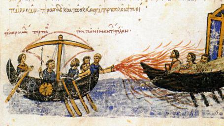 Uso del fuego griego, según una ilustración de una crónica bizantina.