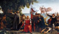 La llegada de los españoles al Caribe en 1492- Pintura de Dióscoro Puebla