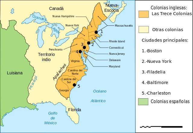 Mapa de Norteamérica y las Trece Colonias