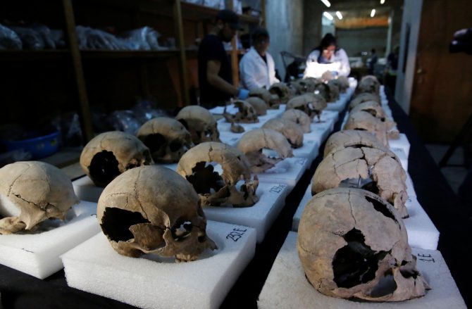 Cráneos encontrados cerca de Templo Mayor, Ciudad de México. 30 de junio de 2017