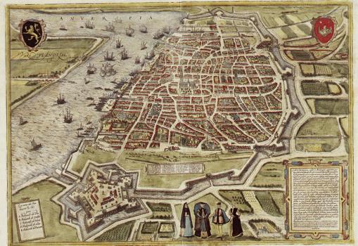 El plano de Amberes, hacia 1571, rodeado de agua