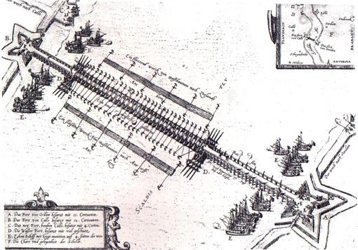 Esquema del Puente Farnesio sobre el Escalda.