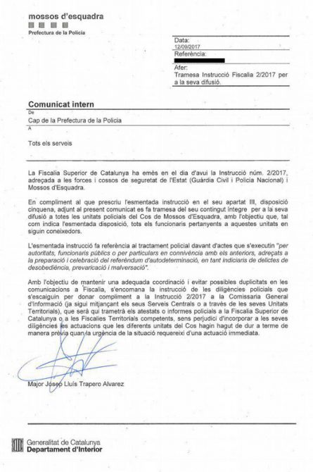 Comunicado interno enviado por el 'major' Trapero a todos los Mossos / EL PERIÓDICO