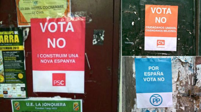 Carteles de la campaña falsa que llama a votar no el 1-O en nombre del PSC, Ciutadans y PPC. 